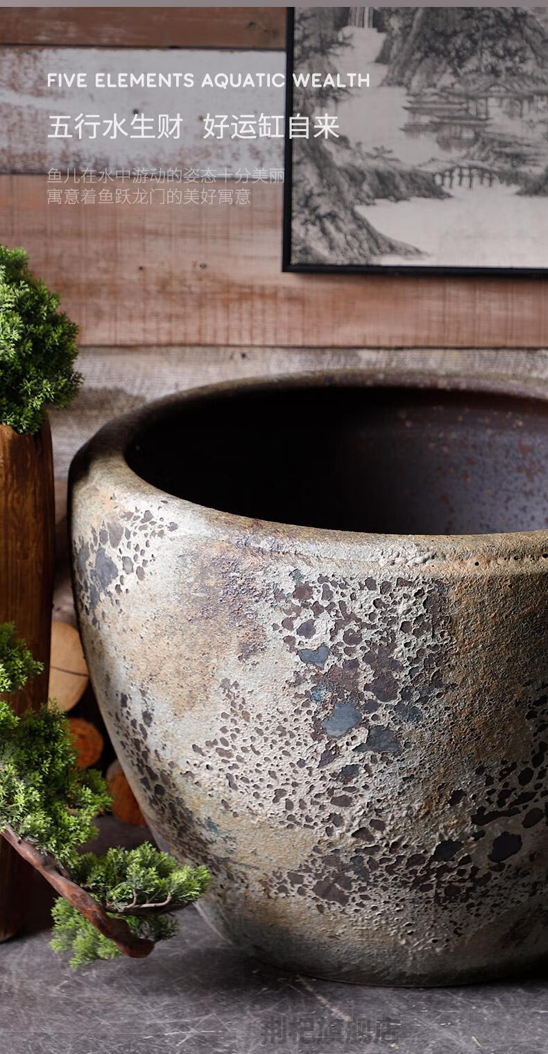 别墅庭院大鱼缸陶瓷大缸粗陶复古手工金鱼缸荷花缸水缸鱼缸庭院子阳台