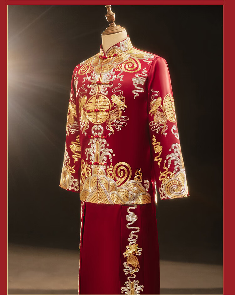 romon秀禾服新郎中式礼服接亲服婚礼敬酒服唐装马褂龙凤褂大码酒红色s