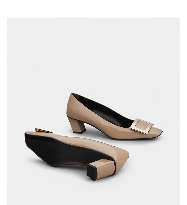 roger vivier/rv女鞋belle vivier方扣高跟鞋方头粗跟婚鞋单鞋 驼色