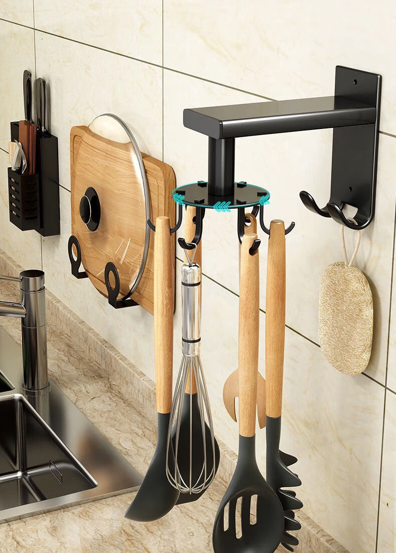 太空铝厨房旋转挂钩免打孔厨具收纳铲勺置物架墙壁挂式多功能刀架旗舰