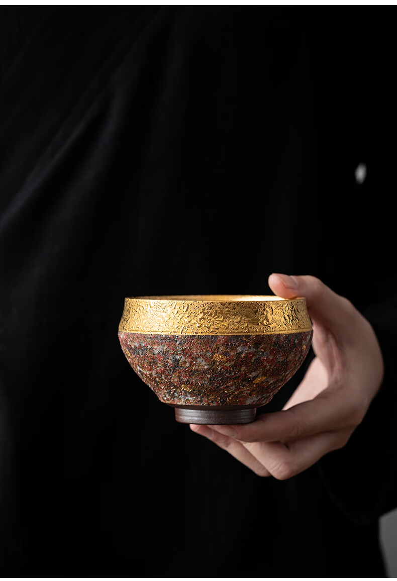 蕊融原矿粗陶砂岩鎏金杯茶杯金盏杯手工杯茶杯主人杯大号功夫茶杯品茗