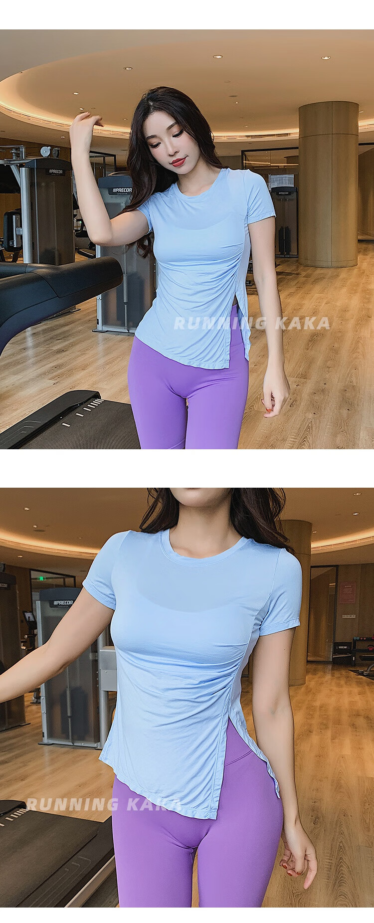 aisunstyle欧美ins网红开叉瑜伽服运动健身服女圆领网红训练跑步紧身