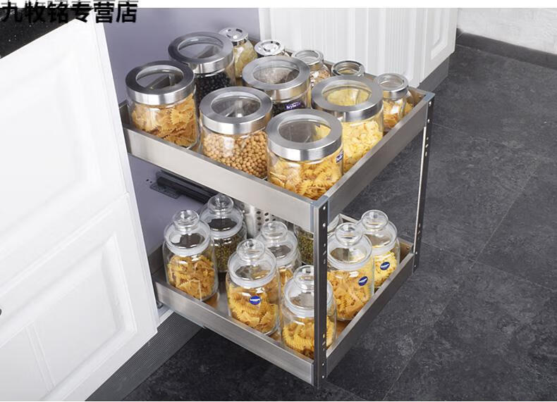jomoy厨房橱柜调味不锈钢拉篮双层三层调料阻尼内置收纳柜矮小柜子350