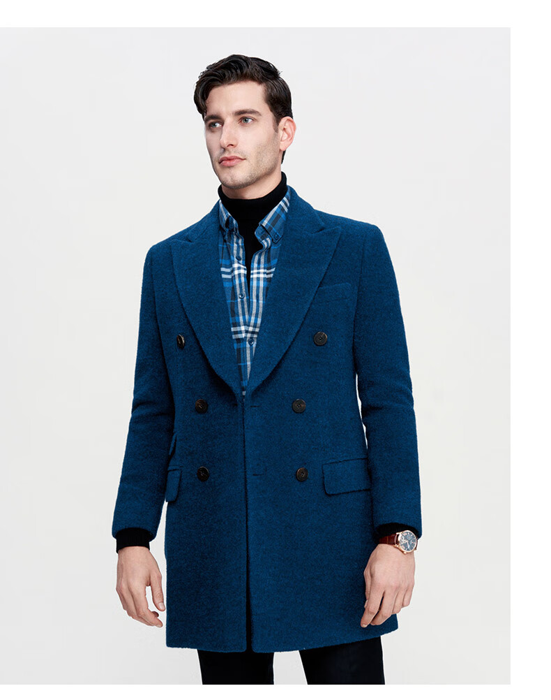 jodoll乔顿毛呢大衣男中长款百搭休闲商务绅士修身双排扣蓝色外套深