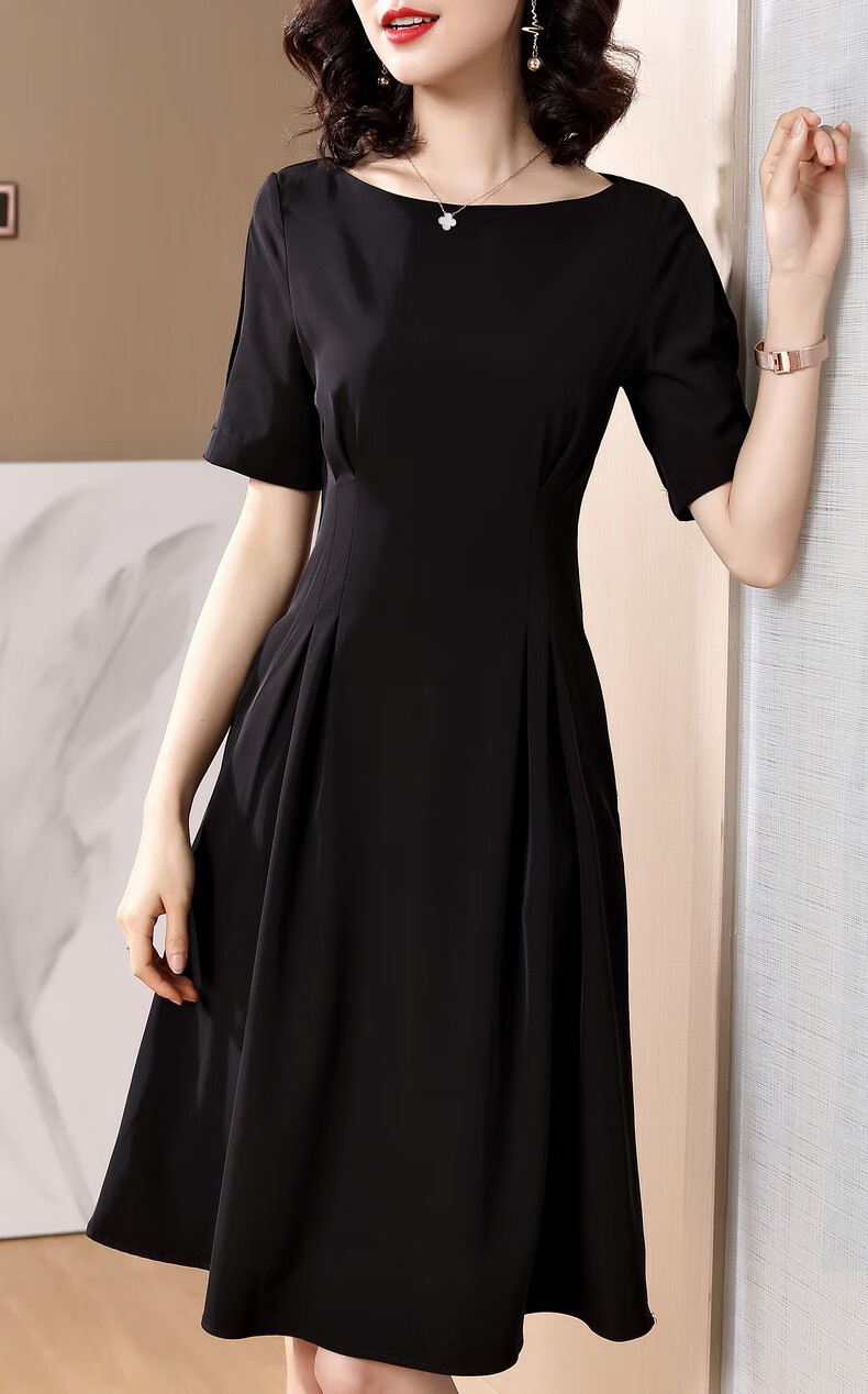 赫本风醋酸真丝小黑裙女2020夏季新款时尚经典短袖修身显瘦百搭连衣裙