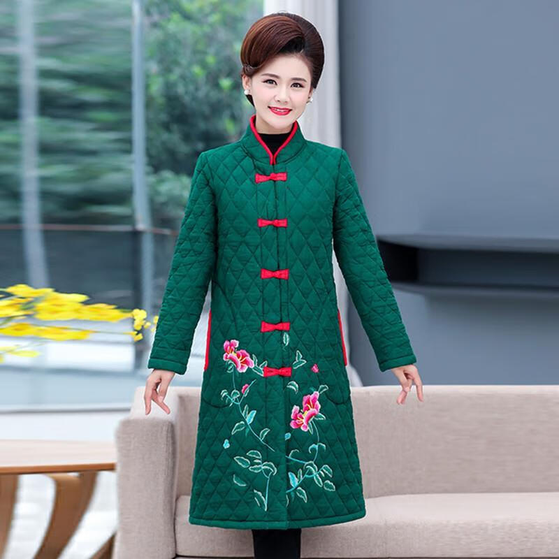 精选民族风女装中老年绣花棉衣加厚大码中长款妈妈装棉服冬季唐装外套