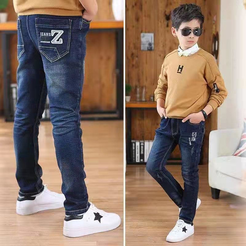 牛仔裤春秋款加绒加厚宽松直筒男大童长裤中大童男孩单裤裤子蓝色z字