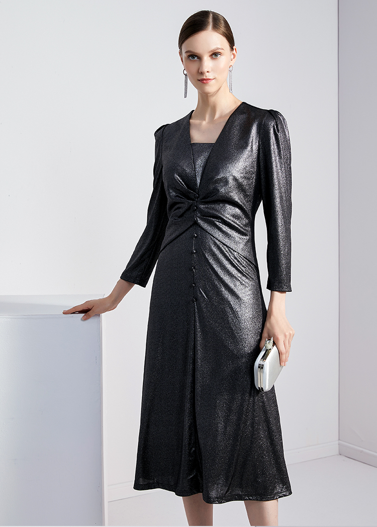 马天奴2020秋季新款灰色过膝中长款弹力收腰大摆连衣裙礼服灰色42xl