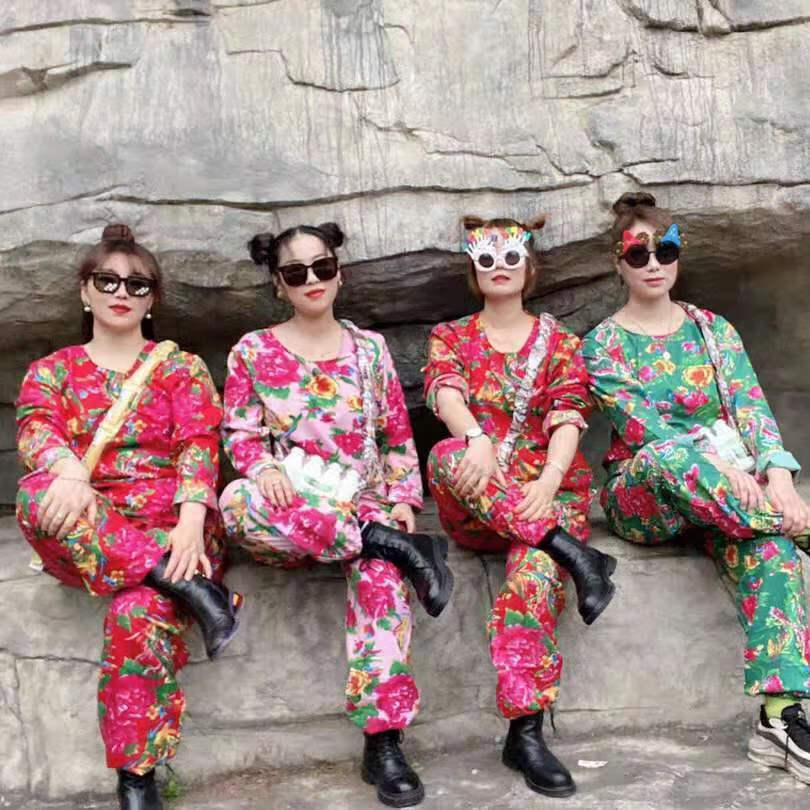 东北大花布衣服短袖套装搞笑伴娘服姐妹装民族风二人转舞蹈表演服sn