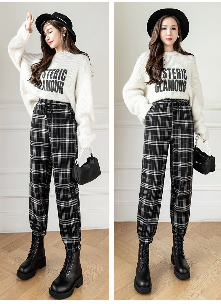 高腰休闲裤女士外穿加绒加厚黑白格子裤女秋冬高腰显瘦休闲哈伦萝卜