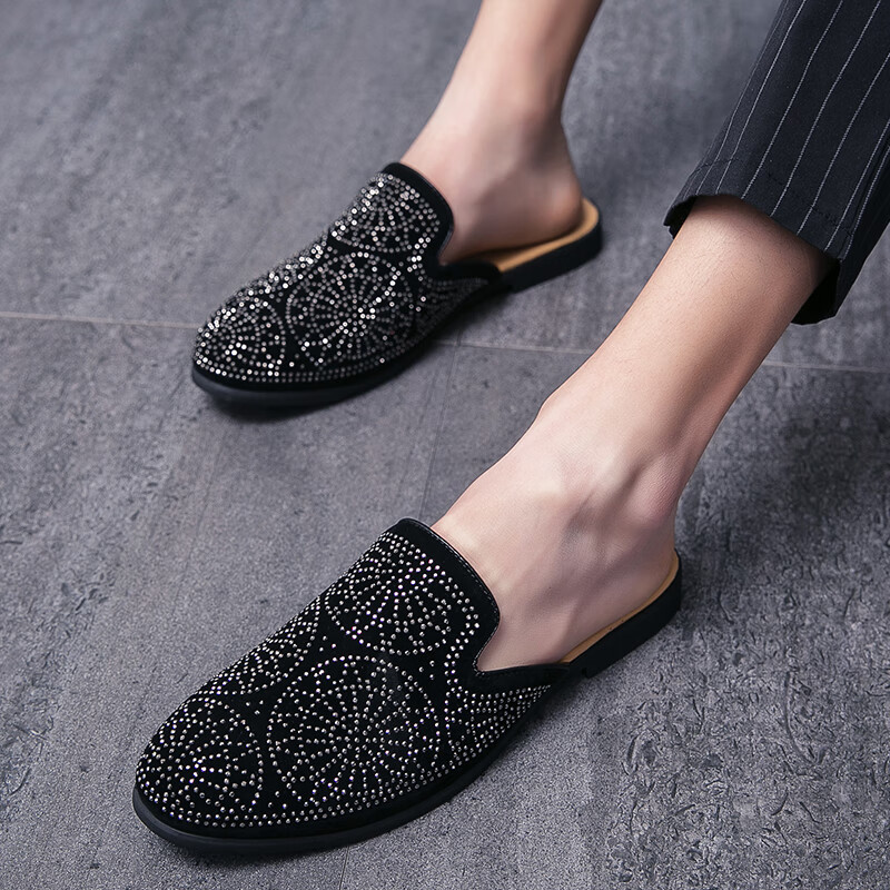 百狄半拖鞋男夏季网红镶钻无后跟懒人皮鞋男包头休闲凉拖外穿豆豆鞋潮