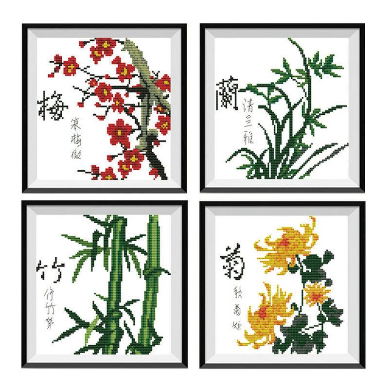 梅兰竹菊十字绣新款客厅餐厅三联简单绣小幅画十字绣梅兰竹菊小件 梅