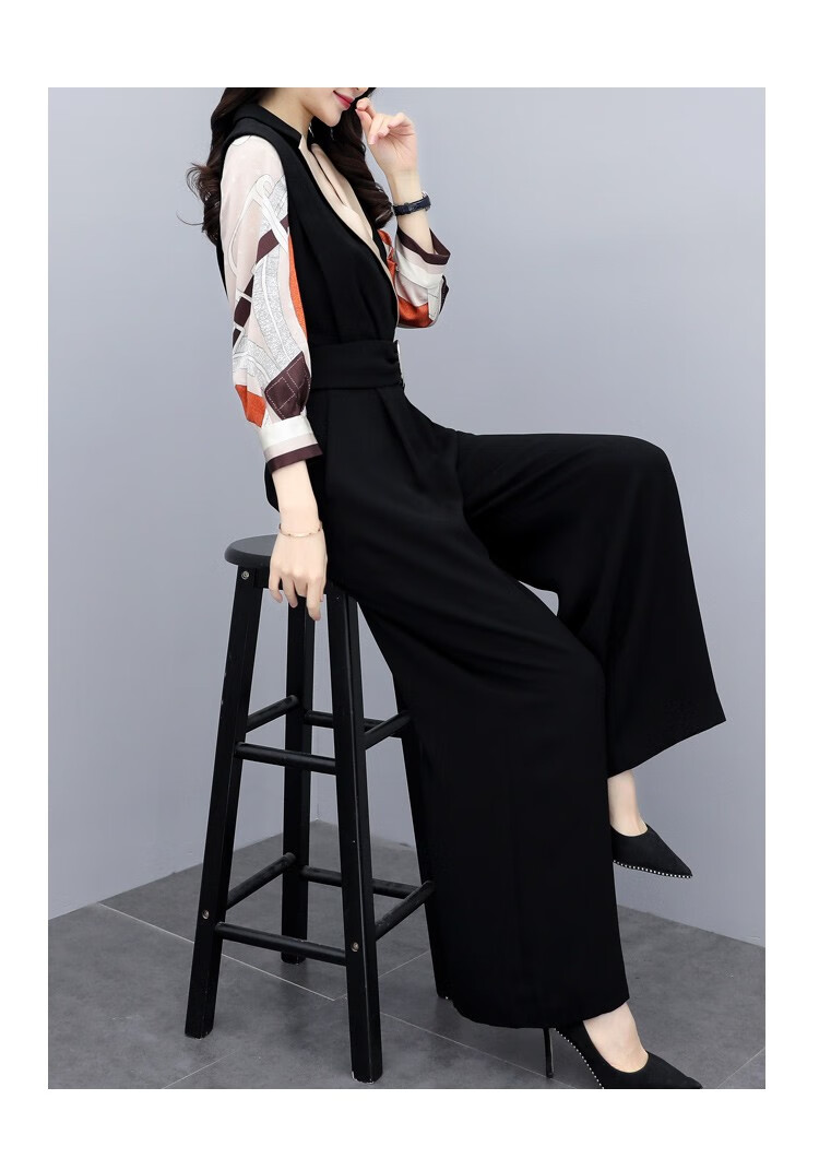 鸭鸭服饰2020新款女装春高腰雪纺连体裤阔腿裤女拼接休闲裤连衣裤长裤