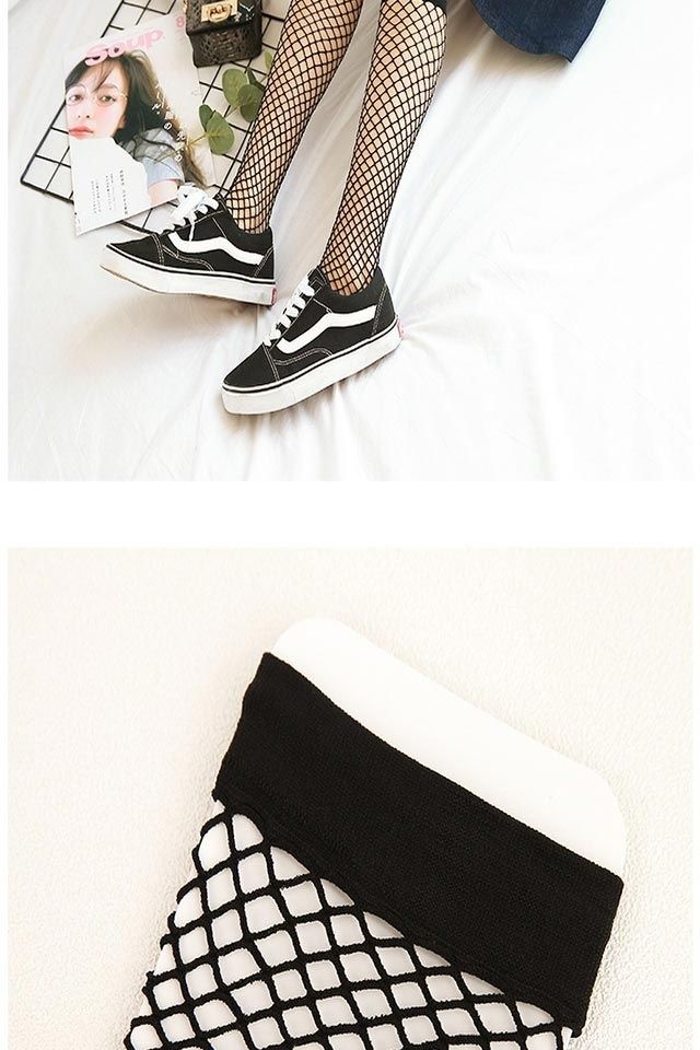 鱼网袜中筒渔网袜短袜女士春夏欧美镂空中筒网袜黑色网眼长筒袜白色中