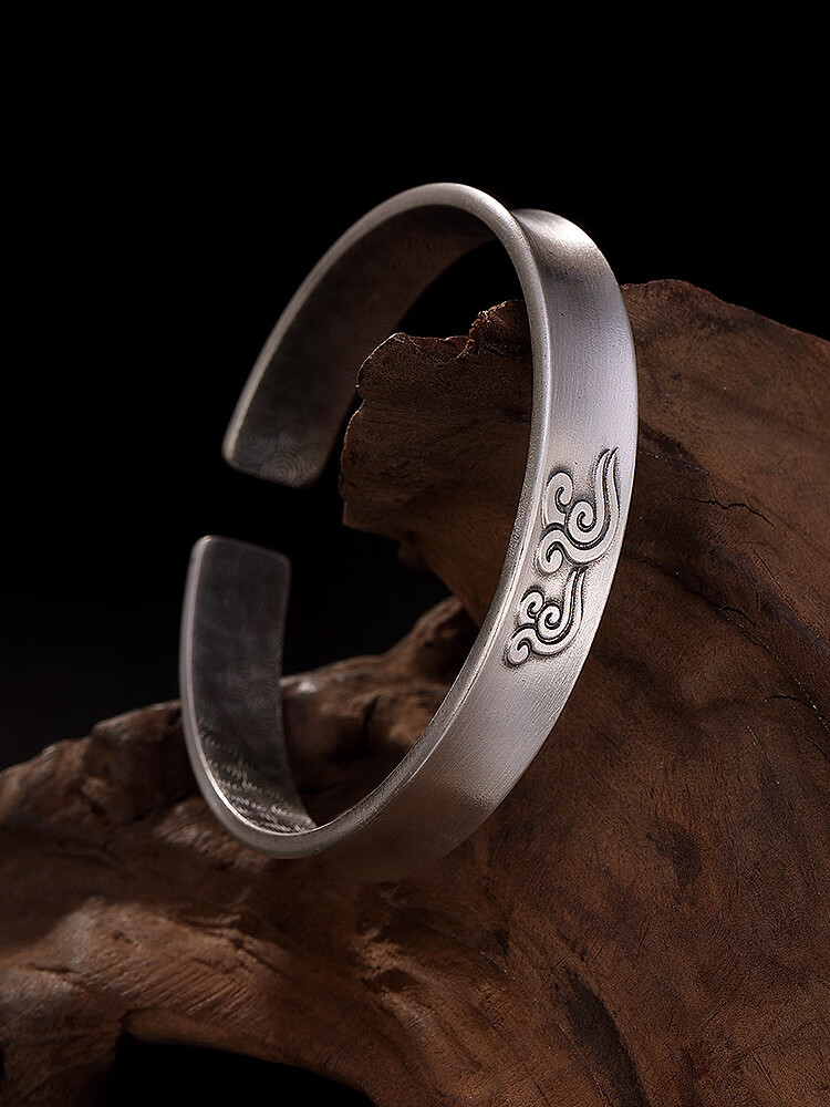 诺婉福s999足银复古做旧祥云花纹男女士个性百搭开口银手镯手环999