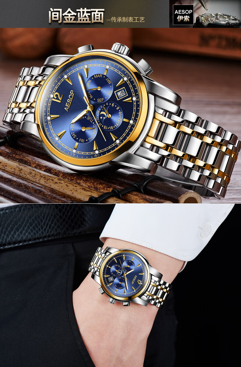 aesop伊索自动机械表男士夜光防水精钢手表大表盘多功能9029g 间金黑