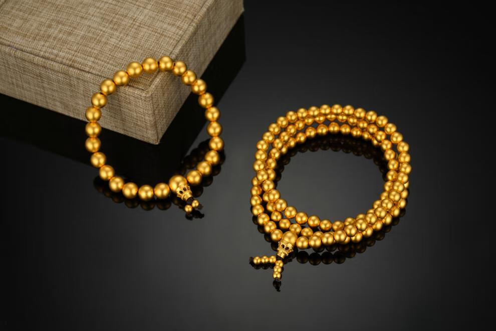 琴韵诗黄金光珠手链足金实心金珠三通金珠手链古法金佛珠手串男女金珠