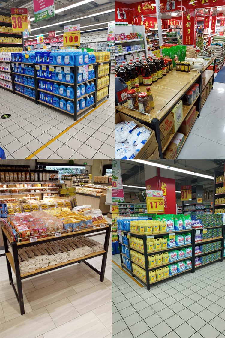 小米石 超市堆头货架展示架促销台牛奶食用油陈列架钢木三层柜地堆 长