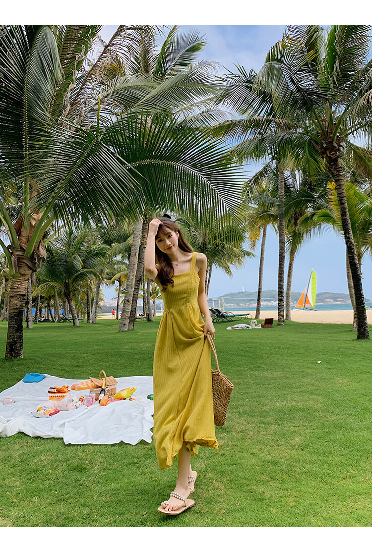 新款夏季度假裙海边沙滩裙性感露背修身显瘦吊带裙长裙女 绿色 s