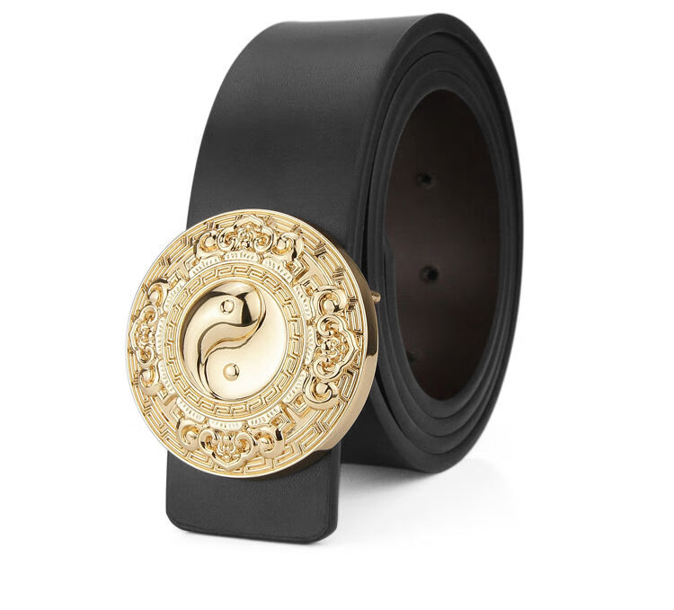 太极图案八卦皮带男休闲光面宽腰带圆扣平滑扣青年小伙裤带男 咖皮金