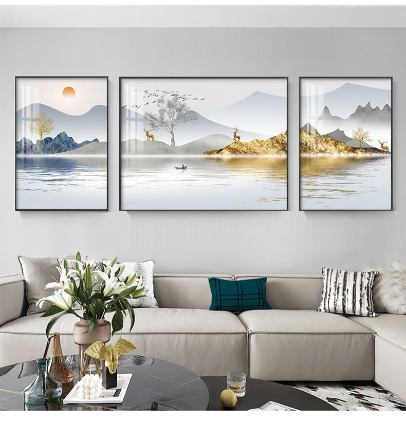 玖维娅客厅装饰画大气山水画三联画墙画沙发背景墙挂画轻奢现代简约