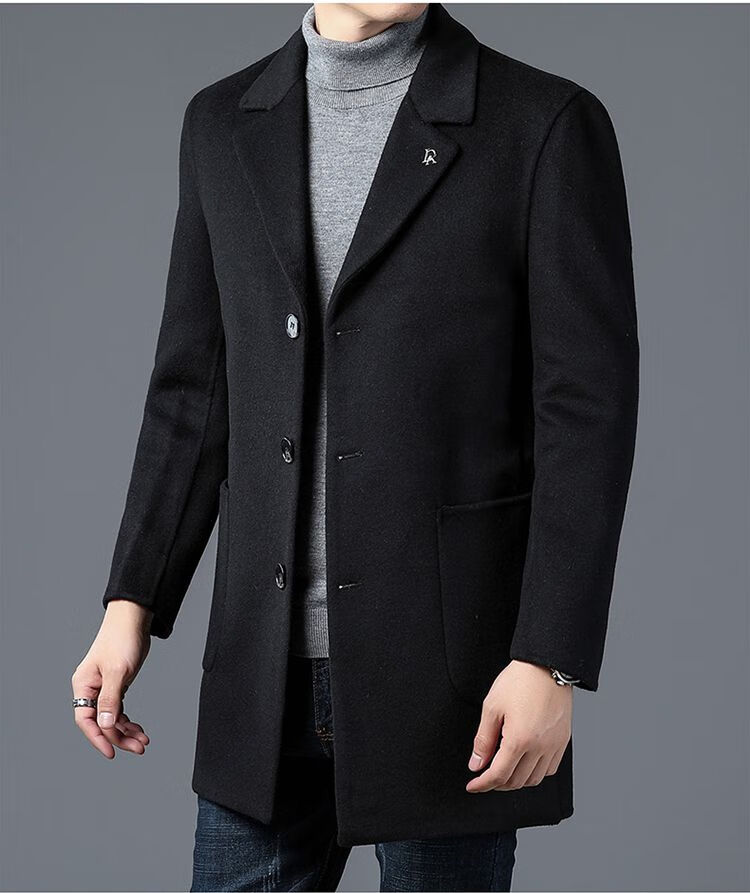 卡思图鲨鱼2022新款大衣男秋冬季羊绒中长款毛呢西装外套潮流 黑色