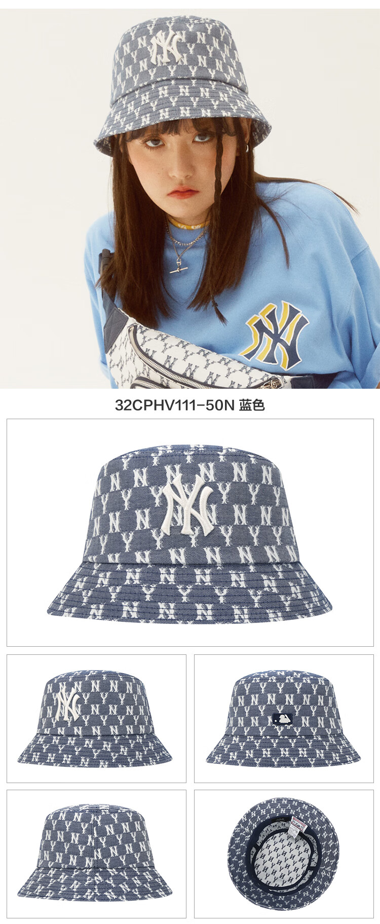 mlb【韩版泫雅同款】情侣帽ny刺绣渔夫帽盆帽桶帽复古老花运动帽男女