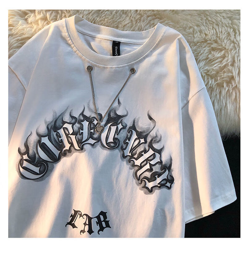 美式街头火焰链条短袖t恤女学生宽松情侣装夏天衣服潮小众设计感白色s