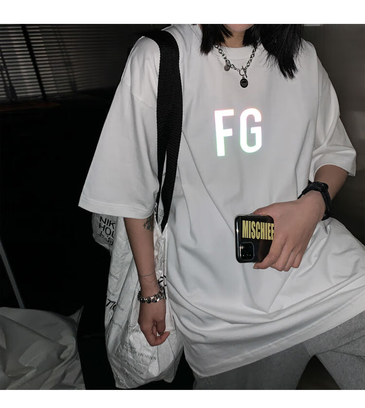 fear of god 反光镭射炫彩字母fg富贵fog高街jerry同款t恤短袖 白色 m
