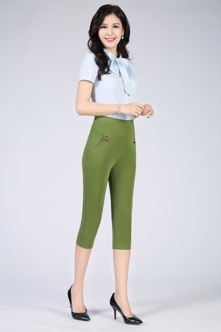 中年七分裤女夏高腰四面弹力妈妈裤子中老年女裤夏季七分休闲裤女 蓝