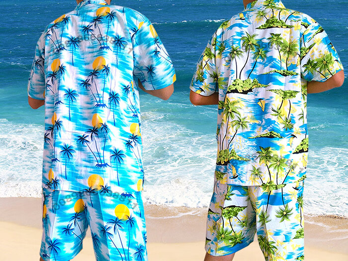 海边旅游度假沙滩衣服男海南衫海岛服金椰棉绸衬衫三亚印花套装居家