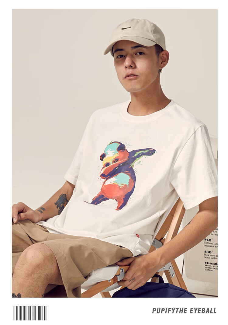 mansway男道 2022年春季新款熊猫印花短袖t恤宽松男生衣服情侣圆领