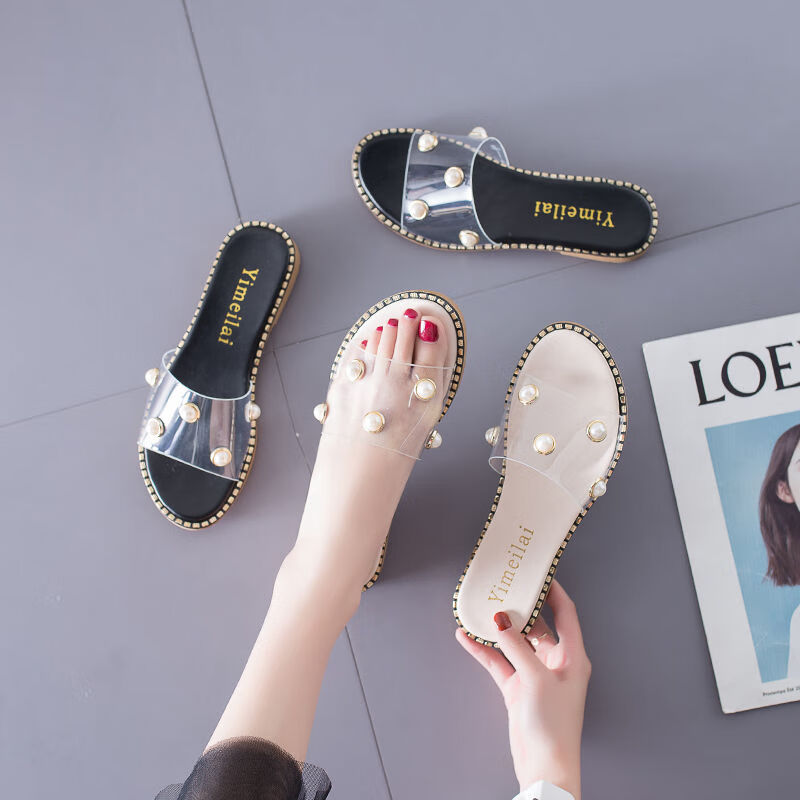 拖鞋女夏平底外穿新款学生一字拖韩版防滑凉拖鞋女懒人拖 黑色 36