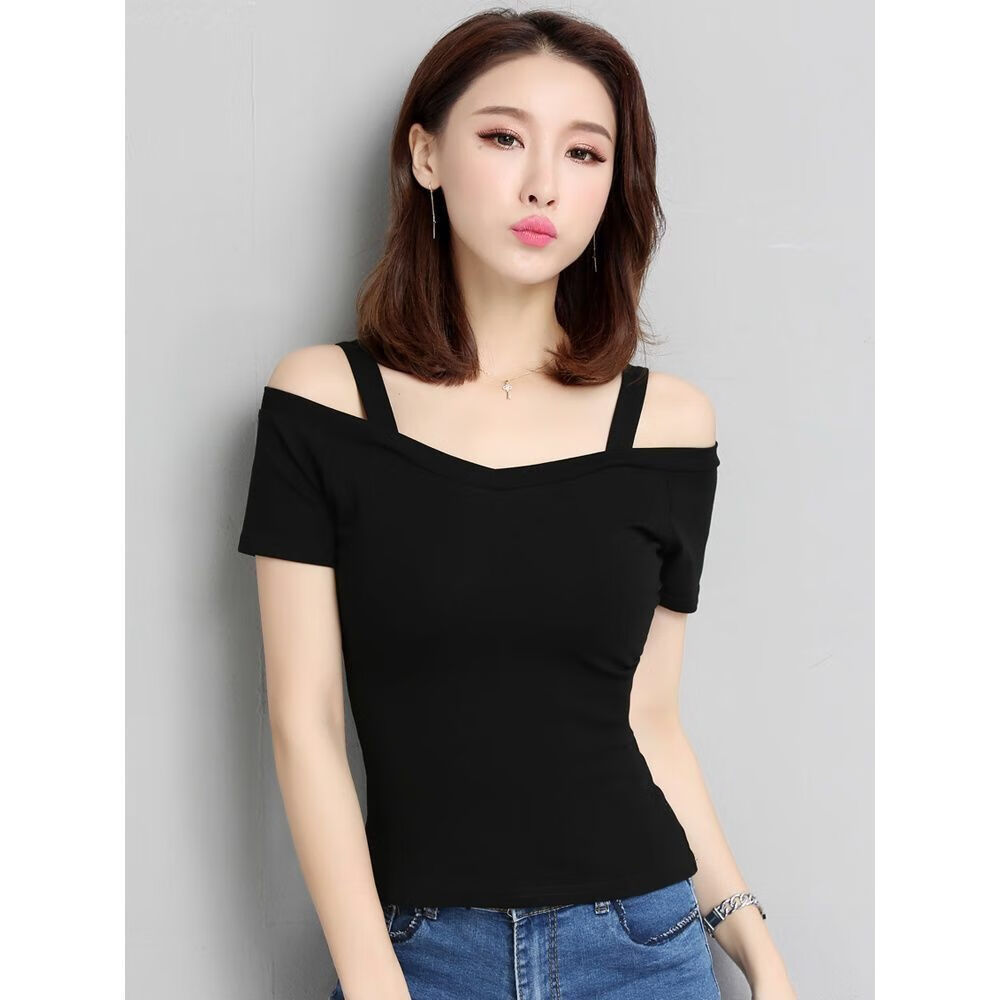 冰丝t恤恤女2022夏季韩版黑色露肩吊带短袖恤女一字领露肩性感上衣潮