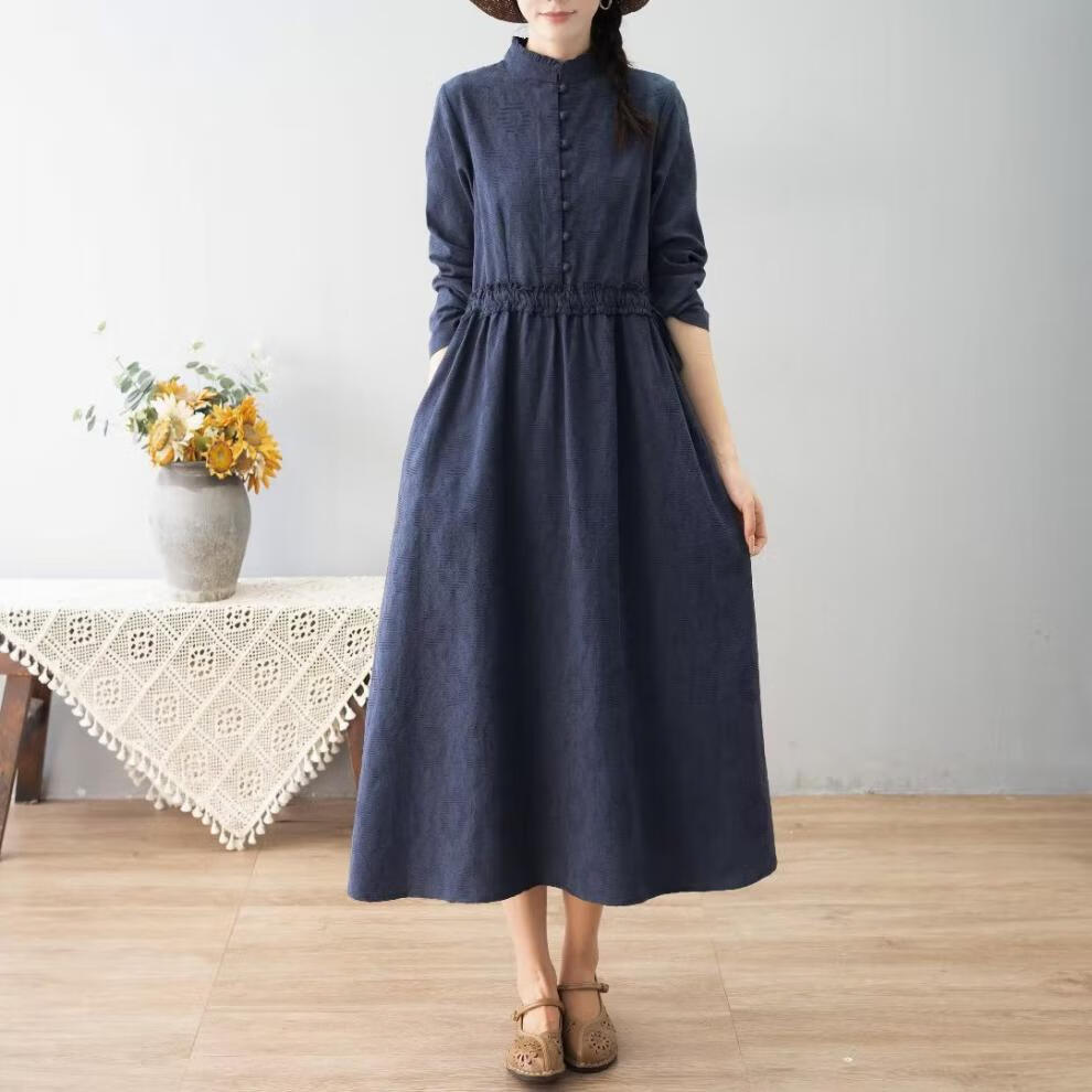 素订棉麻女装官方素素杭州秋季提花连衣裙女木耳边立领长袖高腰抽绳