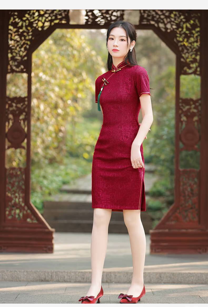 高考送考旗袍2022年旗开得胜夏中考适合妈妈穿的年轻款小个子 酒红色