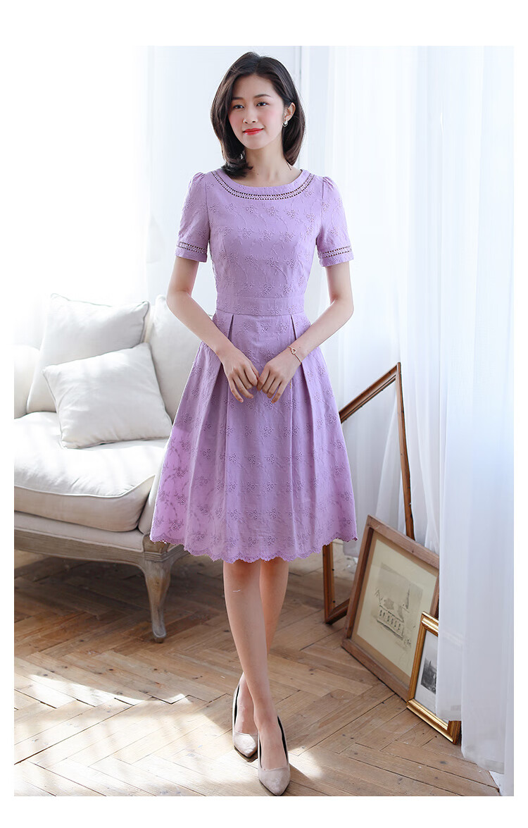 勿忘花纯棉紫色绣花连衣裙2021新款夏季优雅气质修身显瘦淑女裙子