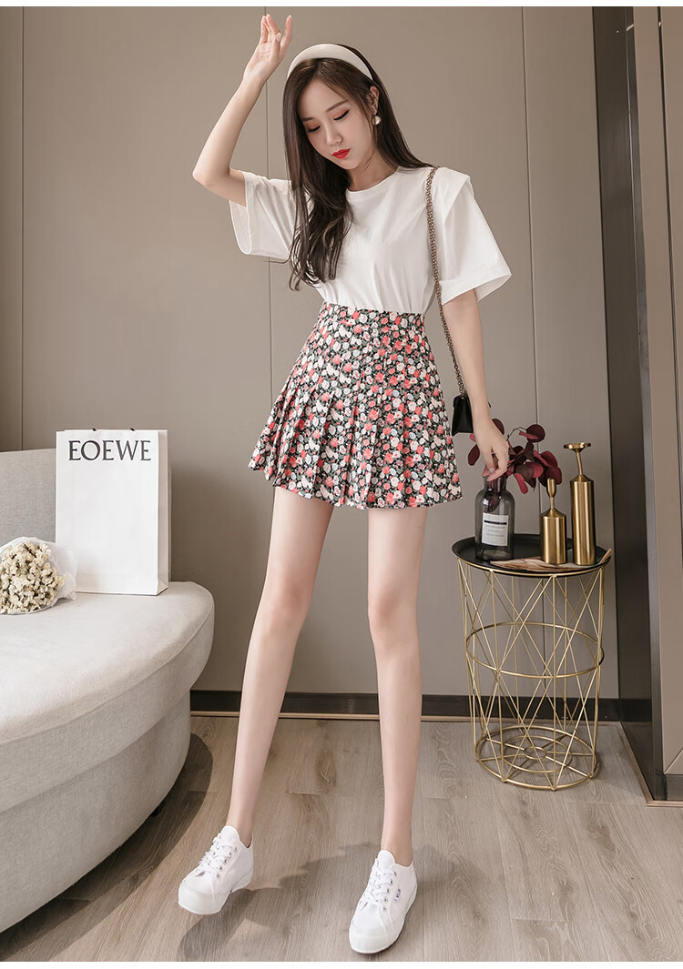 小雏菊蓬蓬裙女雪纺短裙高腰印花a字半身裙大码碎花遮臀百褶伞裙 白色