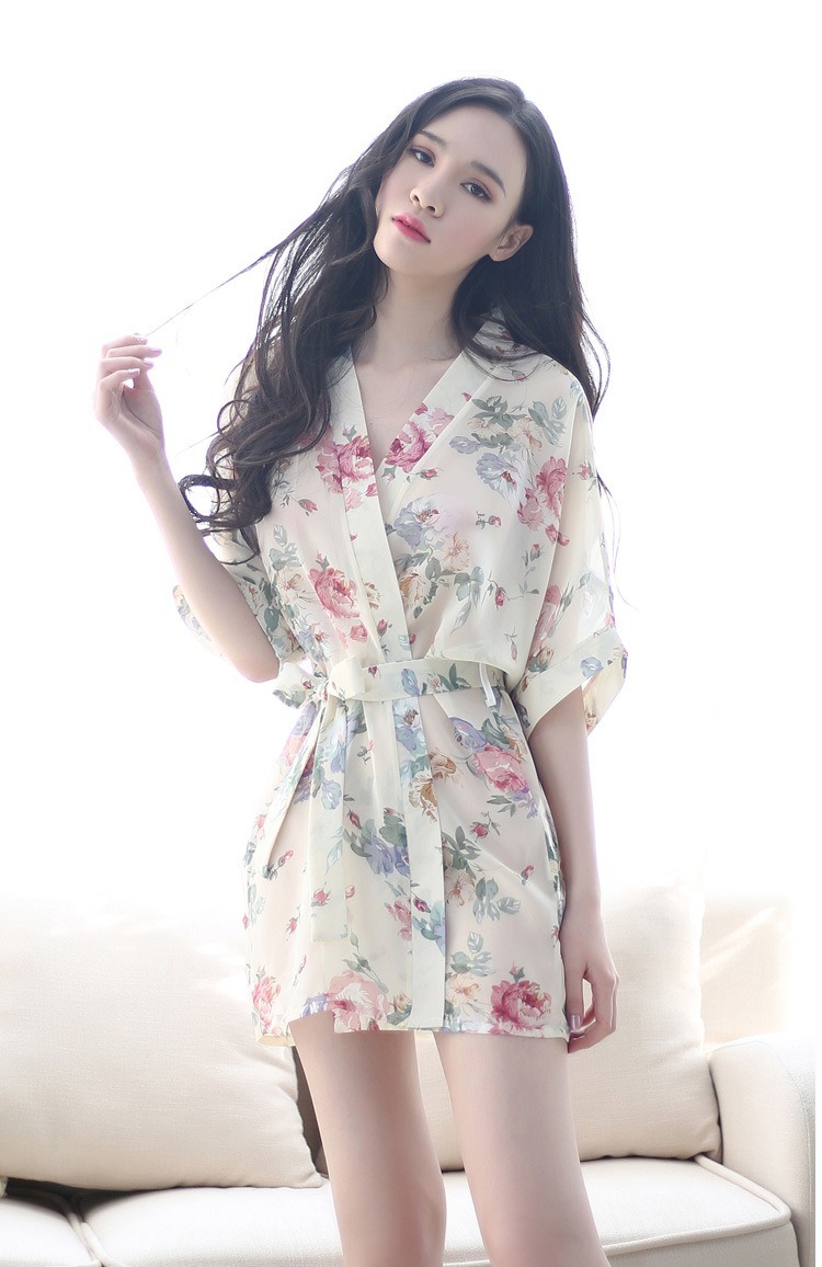 全透明睡衣女夏款冰丝高级感情调纯欲风性感睡裙火辣和服睡袍短款米