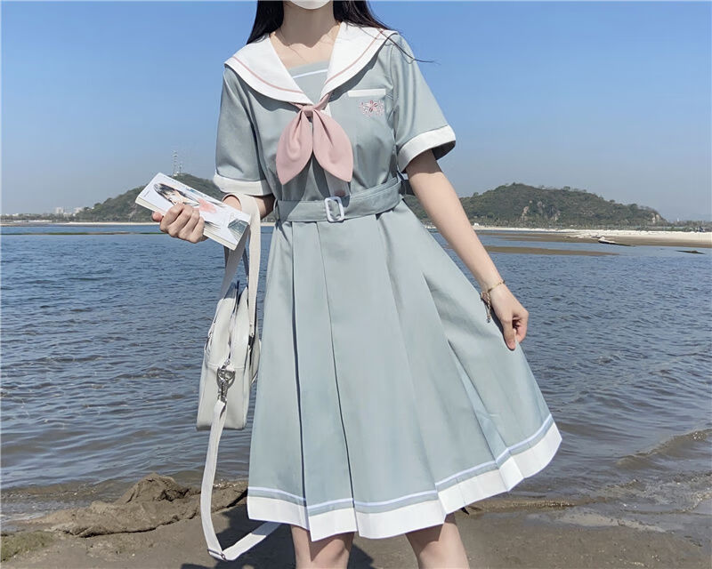 缪斯之娇学院风少女jk新款连衣裙甜美日系水手服收腰绣花百褶a字裙