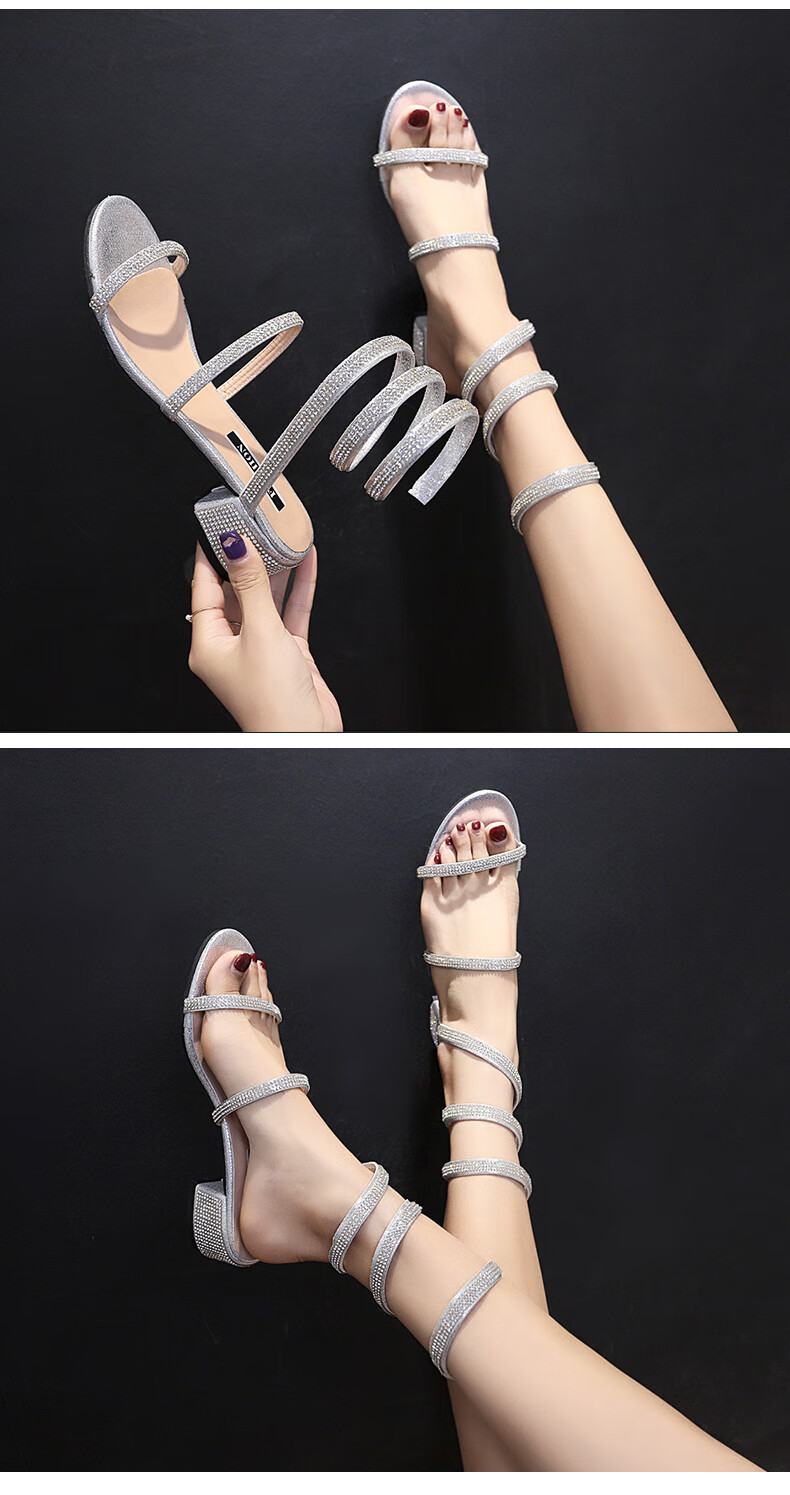 先行鸟2020新款蛇形缠绕凉鞋粗跟一字扣带露趾ins网红罗马凉鞋女仙女