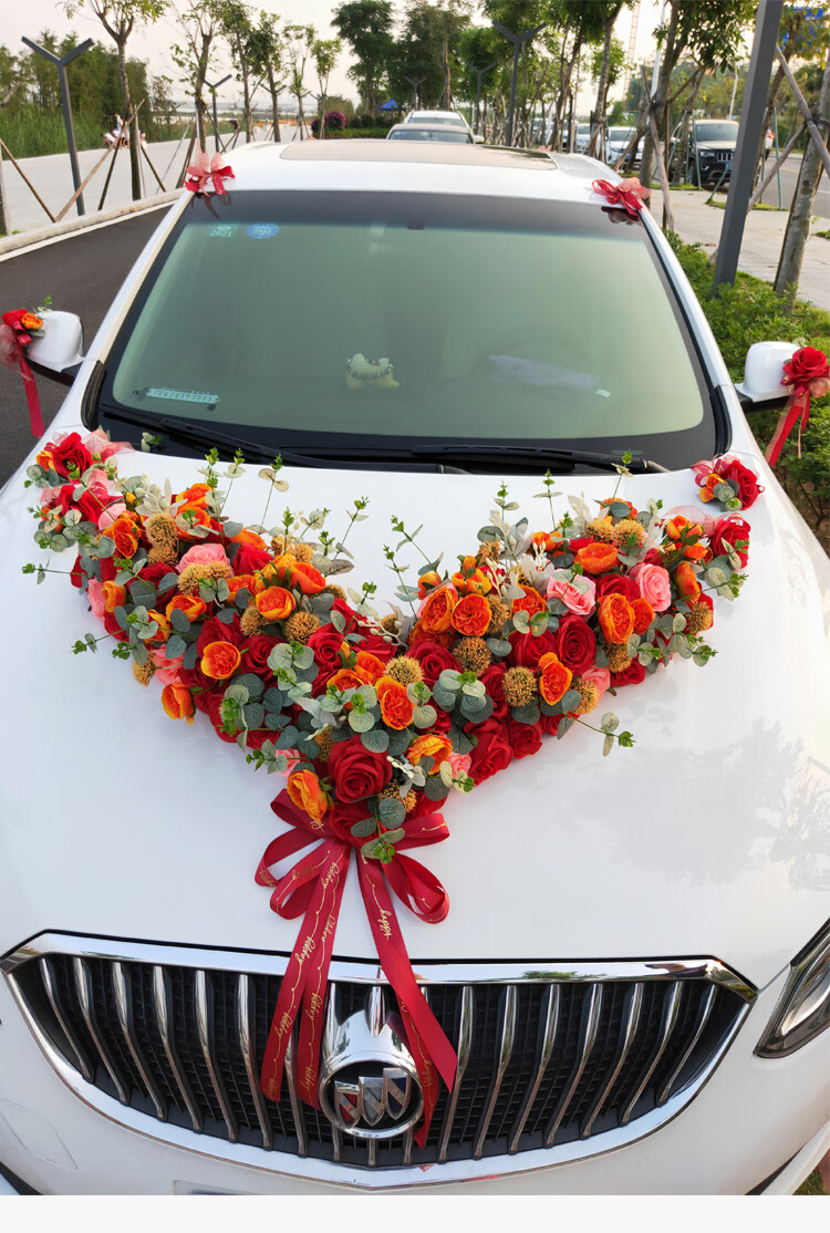 婚车装饰车头花套装仿真尤加利玫瑰创意立体结婚庆用品 喜庆中国红