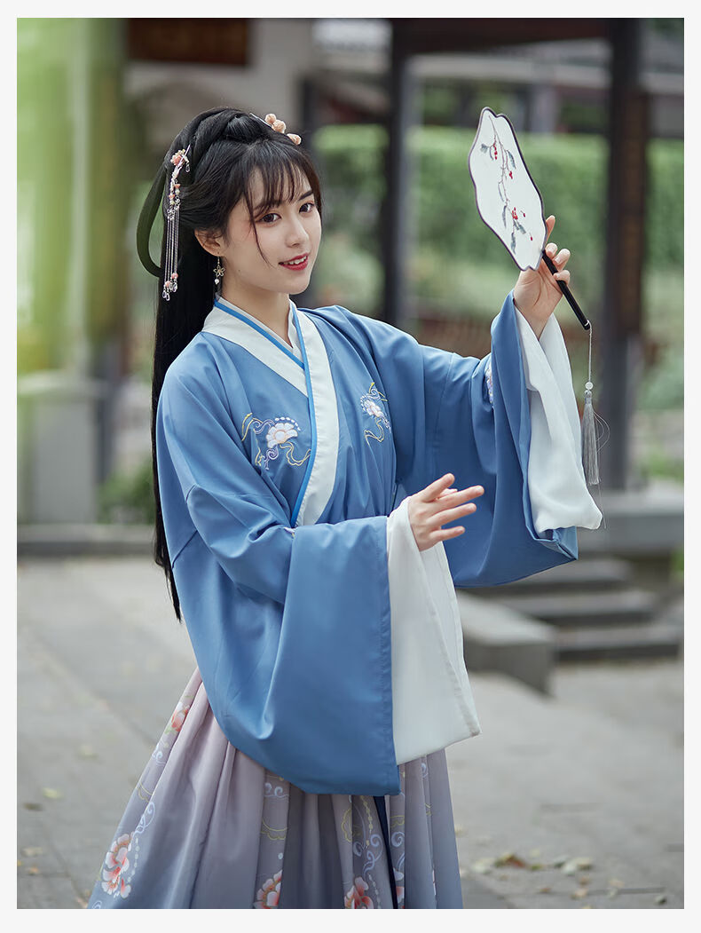 搭档原创齐腰汉服女中国风古装霸气交领襦裙魏晋风古风淡雅 花语蓝色