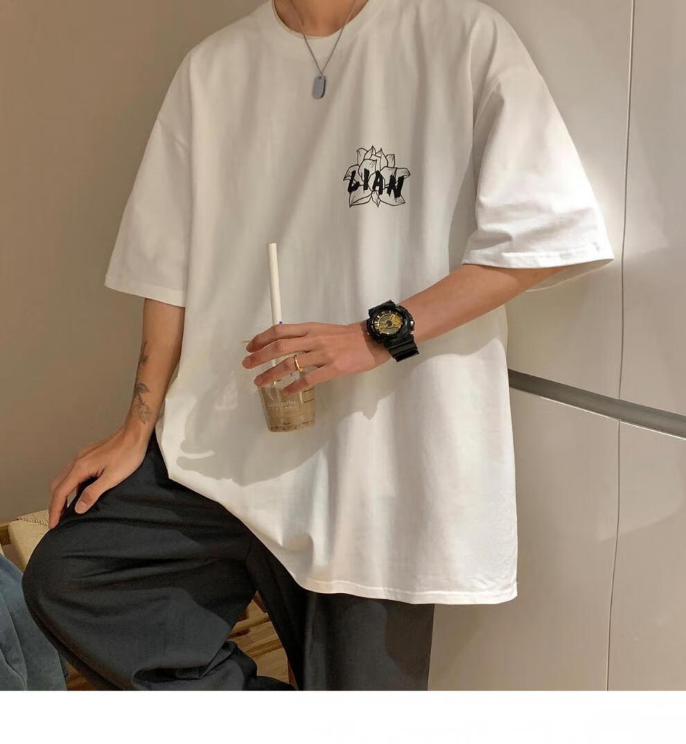 纯棉短袖t恤男青少年2022夏季港风oversize潮流宽松半袖字母印花休闲