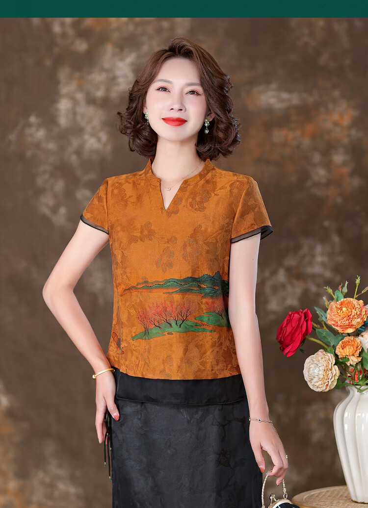 红云纱上衣女夏季短款真丝香云纱女装品牌真丝小衫短短款气质黄底荷花