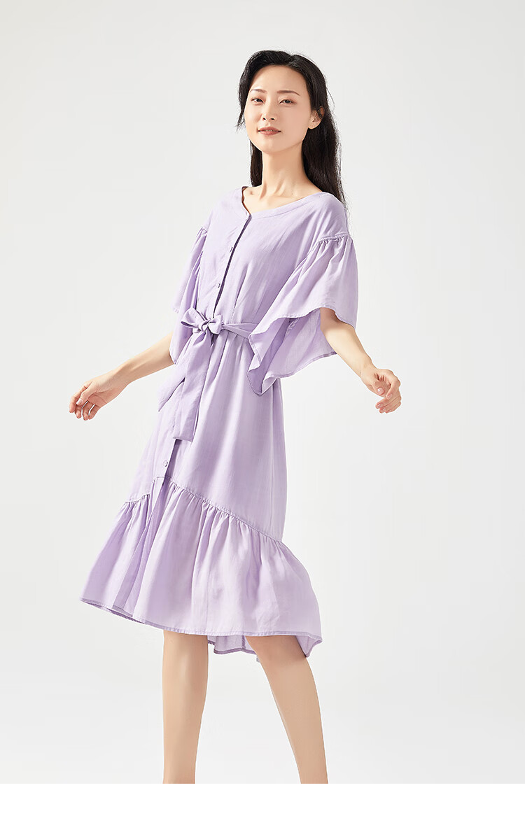 艾莱依2020年春夏新款甜美荷叶袖中长裙日系连衣裙女6019aa28083 本