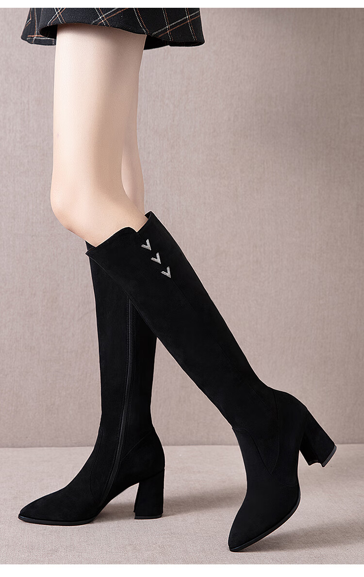 高跟尖头侧拉链骑士靴女秋冬长筒骑士靴不过膝尖头显瘦高跟鞋长靴女粗