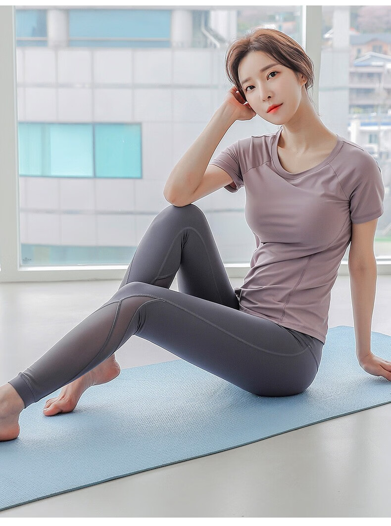 网纱美背上衣紧身显瘦透气速干跑步运动形体训练健身服紫短袖黑裤子s