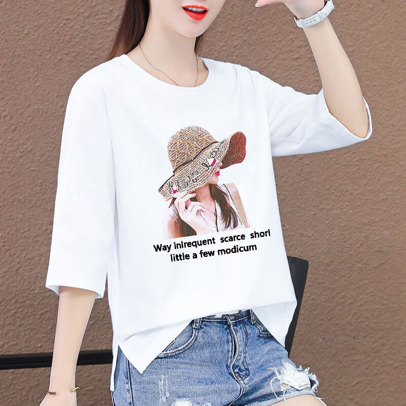 五分袖女2022新款宽松纯棉中袖t恤女大码女装时尚休闲印花打底衫 白色