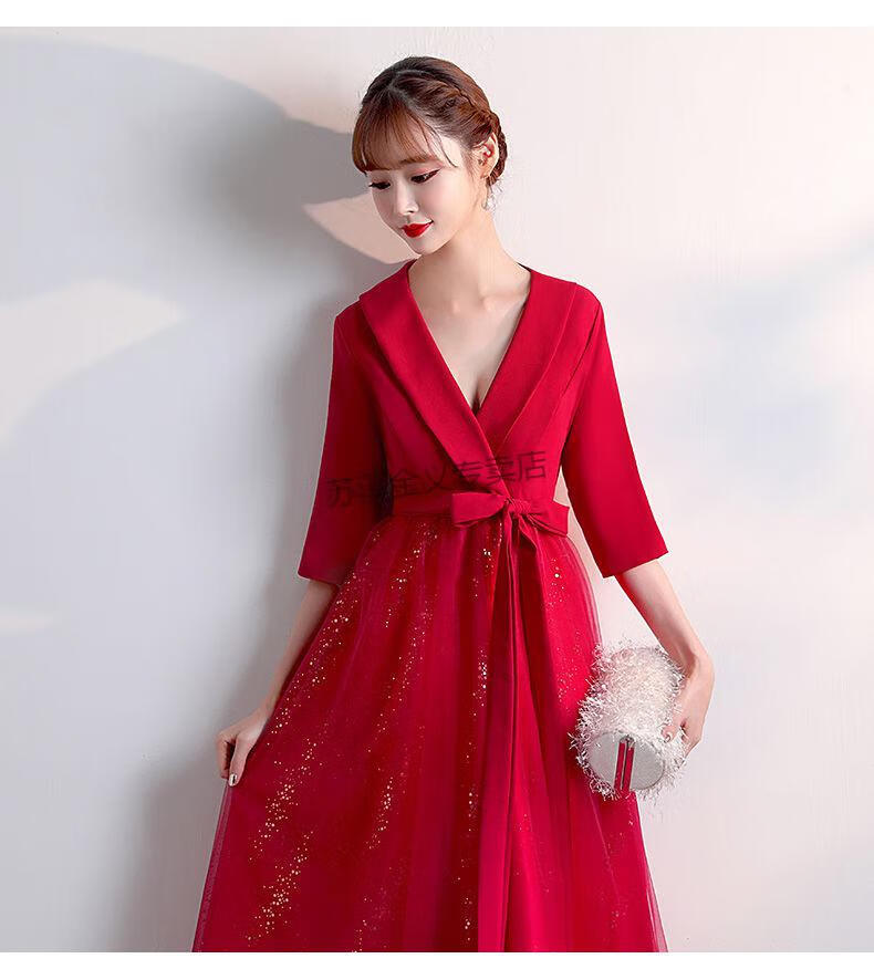新款敬酒服新娘秋冬款大码长款孕妇显瘦遮肚子v领宴会晚礼服 酒红色